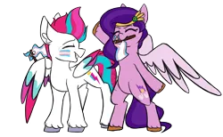 Size: 1394x856 | Tagged: safe, artist:minty25, derpibooru import, pipp petals, zipp storm, pegasus, pony, g5, adorapipp, adorazipp, bipedal, commission, crying, cute, duo, eyes closed, face paint, female, grin, image, male, mare, mouth hold, png, pride, pride flag, royal sisters (g5), siblings, simple background, sisters, smiling, stallion, tears of joy, trans male, trans zipp, transgender, transgender pride flag, transparent background, unshorn fetlocks, wing hold, wings