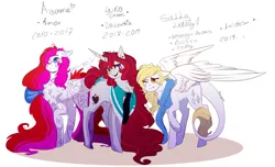 Size: 1940x1176 | Tagged: safe, artist:krissstudios, derpibooru import, oc, oc:ayame amor, oc:sally lovely, oc:yuko-chan, unofficial characters only, pegasus, pony, unicorn, 2010, 2017, 2019, blue eyes, chest fluff, clothes, collar, cursive writing, ear piercing, earring, eyebrows, female, floppy ears, folded wings, golden eyes, heterochromia, horn, image, jewelry, leonine tail, long mane, long tail, mare, necktie, one eye closed, open mouth, partially open wings, pegasus oc, piercing, png, raised eyebrow, raised hoof, red eyes, scarf, simple background, smiling, spanish, standing, tail, tail fluff, trio, unicorn oc, white background, wings, yellow eyes