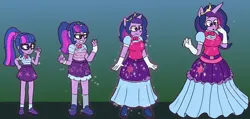Size: 3840x1827 | Tagged: safe, artist:dommerik, derpibooru import, sci-twi, twilight sparkle, anthro, human, unicorn, equestria girls, :o, alternate hairstyle, belt, bowtie, breast expansion, breasts, busty sci-twi, clothes, commission, crown, cutie mark, cutie mark on clothes, dress, equestria girls ponified, female, glasses, gloves, gown, gradient background, gritted teeth, growth, high res, human to anthro, image, jewelry, long gloves, magic, open mouth, png, poofy shoulders, princess, regalia, solo, sparkles, teeth, transformation, transformation sequence, transforming clothes, unicorn sci-twi, wavy mouth