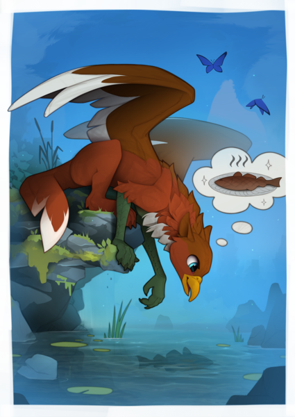 Size: 1750x2470 | Tagged: safe, artist:yakovlev-vad, derpibooru import, oc, unofficial characters only, butterfly, gryphon, insect, griffon oc, image, moss, png, solo, thought bubble, water