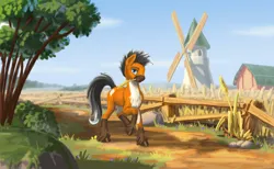 Size: 2500x1535 | Tagged: safe, artist:kirillk, derpibooru import, oc, unofficial characters only, earth pony, pony, cottagecore, earth pony oc, farm, fence, grass, image, jpeg, solo, straw in mouth, tree, unshorn fetlocks, windmill