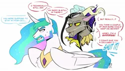 Size: 1589x901 | Tagged: safe, artist:redxbacon, derpibooru import, discord, princess celestia, alicorn, draconequus, pony, annoyed, beard, celestia is not amused, comic, dialogue, discord being discord, duo, eris, facial hair, image, jpeg, now you're thinking with portals, portal, prince solaris, rule 63, simple background, speech bubble, unamused, white background