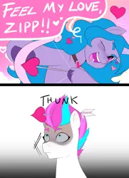 Size: 1737x2405 | Tagged: safe, artist:aztrial, derpibooru import, izzy moonbow, zipp storm, pegasus, pony, unicorn, arrow, bow, cupid, dialogue, floating heart, g5, gradient background, heart, holiday, image, implied izzyzipp, implied lesbian, implied shipping, leg fluff, one eye closed, onomatopoeia, open mouth, pinpoint eyes, png, simple background, sound effects, speech bubble, valentine's day, wink