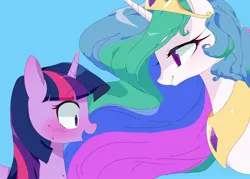 Size: 2048x1463 | Tagged: safe, artist:cheesesauce_45, derpibooru import, princess celestia, twilight sparkle, alicorn, pony, unicorn, blue background, blushing, crown, duo, duo female, female, image, jewelry, jpeg, looking at each other, looking at someone, mare, open mouth, open smile, regalia, simple background, smiling, sweat, unicorn twilight