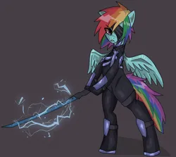 Size: 3186x2838 | Tagged: safe, artist:sleepymist, derpibooru import, rainbow dash, pegasus, pony, bipedal, brown background, clothes, cosplay, costume, eyepatch, female, hair over one eye, hoof hold, image, katana, looking at you, mare, metal gear, metal gear rising, png, raiden, simple background, solo, spread wings, sword, weapon, wings