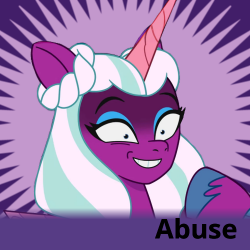 Size: 250x250 | Tagged: safe, artist:briarlightswish, derpibooru import, alicorn, pony, derpibooru, twibooru, spoiler:g5, abuse, evil grin, g5, grin, image, meta, official spoiler image, opaline arcana, png, raised hoof, smiling, solo, spoiler image, spoilered image, spoilered image joke, text, unshorn fetlocks