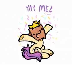 Size: 880x794 | Tagged: safe, artist:paperbagpony, derpibooru import, oc, oc:paper bag, unofficial characters only, earth pony, bag, confetti, crown, happy, happy birthday, image, jewelry, jpeg, open mouth, open smile, paper bag, regalia, smiling, solo