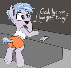 Size: 1510x1454 | Tagged: suggestive, artist:pinkberry, derpibooru import, oc, oc:winter azure, unofficial characters only, earth pony, pony, butt, clothes, colt, crotch bulge, femboy, femboy hooters, foal, foalcon, hot pants, image, leaning on table, male, plot, png, short shirt, solo, trap, underage