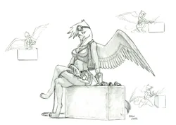 Size: 1498x1059 | Tagged: safe, artist:baron engel, derpibooru import, gilda, anthro, digitigrade anthro, gryphon, box, breasts, busty gilda, cleavage, clothes, female, goggles, goggles on head, grinder, image, jpeg, kneeling, monochrome, pencil drawing, shorts, simple background, sitting, solo, sparks, spread wings, traditional art, vest, white background, wings