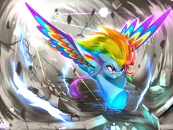 Size: 2400x1800 | Tagged: safe, artist:darksly, derpibooru import, rainbow dash, pegasus, pony, female, image, jpeg, lightning, mare, rainbow power, rubble, solo, tree, wind