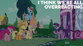 Size: 1920x1080 | Tagged: safe, derpibooru import, edit, edited screencap, editor:quoterific, screencap, applejack, fluttershy, pinkie pie, rainbow dash, twilight sparkle, twilight sparkle (alicorn), alicorn, earth pony, pegasus, pony, the saddle row review, :/, applejack's hat, cowboy hat, eyebrows, female, flower, freckles, frown, group, hat, image, looking at each other, looking at someone, mare, open mouth, open smile, png, quintet, raised eyebrow, raised hoof, reaction image, smiling, worried