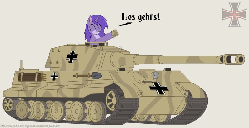 Size: 2280x1176 | Tagged: safe, artist:blued_cross31, derpibooru import, oc, unofficial characters only, pony, unicorn, balkenkreuz, colored, female, flat colors, german, horn, image, mare, png, smiling, tank (vehicle), tiger (tank), unicorn oc, vehicle