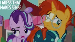 Size: 2000x1125 | Tagged: safe, derpibooru import, edit, edited screencap, editor:quoterific, screencap, starlight glimmer, sunburst, pony, unicorn, the parent map, annoyed, beard, blaze (coat marking), cloak, clothes, coat markings, duo, duo male and female, facial hair, facial markings, female, frown, glasses, image, irritated, looking back, male, mare, open mouth, png, stallion, starlight glimmer is not amused, sunburst's cloak, sunburst's glasses, unamused