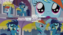 Size: 2000x1125 | Tagged: safe, derpibooru import, edit, edited screencap, editor:quoterific, screencap, rainbow dash, soarin', pegasus, pony, rarity investigates, close-up, clothes, duo, duo male and female, excited, female, frown, goggles, goggles on head, happy, image, implied spitfire, male, mare, open mouth, open smile, png, pointing, smiling, spread wings, stallion, uniform, wings, wonderbolts uniform