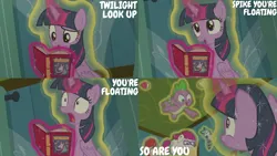 Size: 2000x1125 | Tagged: safe, derpibooru import, edit, edited screencap, editor:quoterific, screencap, little red, spike, twilight sparkle, twilight sparkle (alicorn), alicorn, dragon, earth pony, pony, raccoon, a flurry of emotions, book, chubby, colt, cupcake, female, floating, foal, food, frown, glasses, glow, glowing horn, horn, horsey hives, image, implied flurry heart, levitation, looking up, magic, magic aura, male, mare, offscreen character, open mouth, open smile, png, pointing, shocked, shocked expression, smiling, telekinesis
