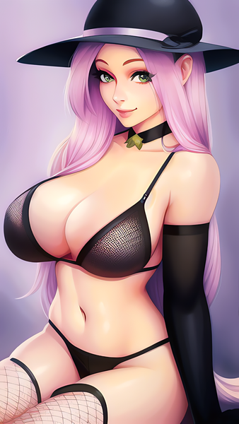 Size: 864x1536 | Tagged: suggestive, derpibooru import, editor:sammykun, machine learning generated, novelai, stable diffusion, fluttershy, human, belly button, big breasts, black underwear, bra, breasts, busty fluttershy, choker, clothes, female, fishnets, gloves, hat, image, legwear, long gloves, looking at you, midriff, panties, png, sexy, simple background, sitting, solo, solo female, stupid sexy fluttershy, thighs, underwear