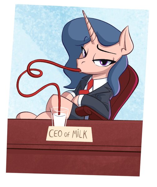 Size: 1452x1729 | Tagged: safe, artist:anontheanon, oc, oc:cans churner, pony, unicorn, business suit, chair, clothes, crazy straw, desk, drink, drinking, female, image, implied breast milk, jpeg, looking at you, mare, milk, office chair, sitting, solo, suit