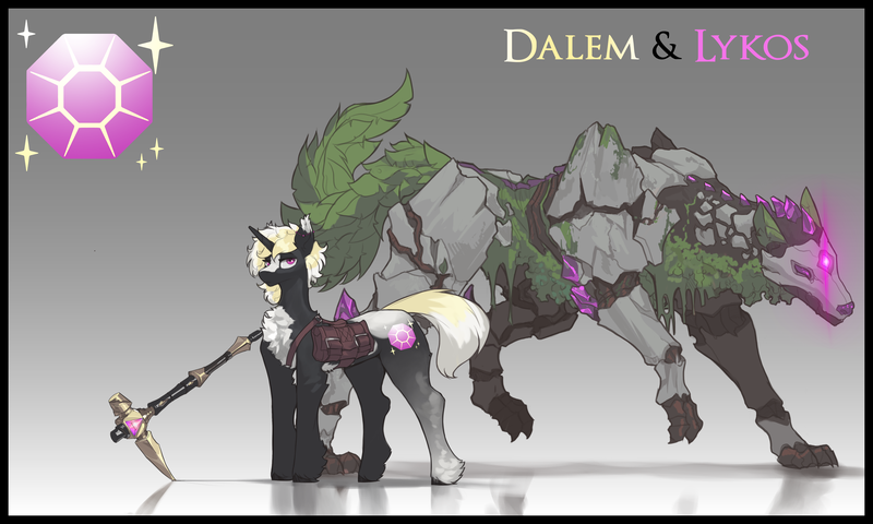 Size: 5000x3000 | Tagged: safe, artist:nsilverdraws, artist:veen, derpibooru import, oc, oc:dalem sundown, oc:lykos, unofficial characters only, dog, golem, pony, timber wolf, unicorn, bag, chest fluff, crystal, cutie mark, duo, duo male, ear fluff, ear piercing, horn, image, leaf, leaves, magic, male, pickaxe, piercing, plant, png, reflection, rock, saddle bag, simple background, stallion, stone, sundown clan, two toned mane, unicorn oc, wood