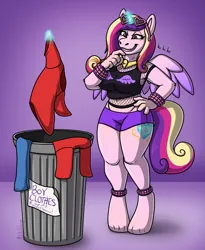 Size: 1639x2000 | Tagged: safe, artist:metallicumbrage, derpibooru import, part of a set, princess cadance, alicorn, anthro, digitigrade anthro, ankle cuffs, anklet, armpits, bare shoulders, belly button, bipedal, blue jeans, blushing, breasts, busty princess cadance, clothes, cuffs, giggling, glow, glowing horn, hand on chin, hand on hip, horn, hot pants, human to pony, image, indoors, jewelry, lavender background, levitation, magic, magic aura, male to female, mesh, necklace, panties, part of a series, png, rule 63, shirt, short shirt, shorts, signature, simple background, smiling, solo, standing, sunglasses, sunglasses on head, t-shirt, telekinesis, thong, tiptoe, toes, transformation, transgender, transgender transformation, trash can, underwear, wrist cuffs