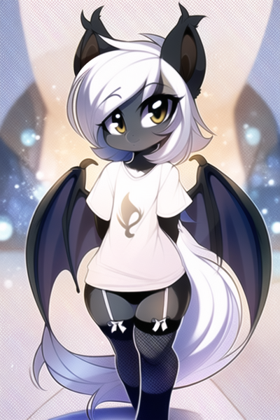 Size: 768x1152 | Tagged: suggestive, derpibooru import, editor:flitter4935, machine learning generated, novelai, stable diffusion, oc, bat pony, semi-anthro, adorable face, arm behind back, bat pony oc, bat wings, clothes, cute, ear fluff, female, garter belt leggings, garter straps, image, looking at you, oversized clothes, oversized shirt, png, shirt, smiling, smiling at you, solo, solo female, wings