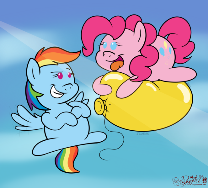 Size: 3110x2814 | Tagged: safe, artist:rupertbluefox, derpibooru import, pinkie pie, rainbow dash, earth pony, pegasus, pony, balloon, balloon riding, chibi, cute, dashabetes, derpibooru exclusive, diapinkes, duo, duo female, female, floating, flying, image, lying down, motion lines, png, prone, signature, sky, smiling, that pony sure does love balloons, then watch her balloons lift her up to the sky, tongue out