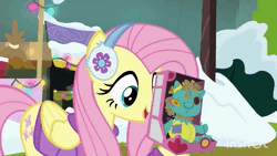 Size: 1920x1080 | Tagged: safe, derpibooru import, edit, edited screencap, screencap, sound edit, applejack, fluttershy, holly the hearths warmer doll, earth pony, pegasus, pony, best gift ever, animated, dalek, doctor who, doll, duo, exterminate, female, hoof hold, i love being an expensive toy, image, mare, mouth hold, pull string, this ended in death, toy, webm