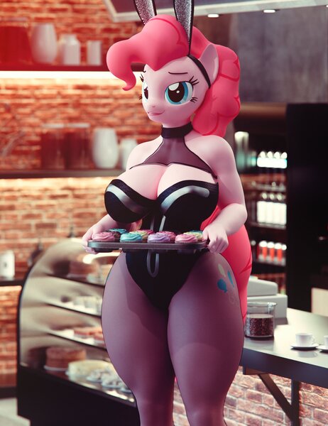 Size: 2200x2860 | Tagged: suggestive, artist:dashie116, derpibooru import, pinkie pie, anthro, 3d, bakery, breasts, bunny ears, bunny suit, busty pinkie pie, cleavage, clothes, cupcake, curvy, daz studio, female, fishnets, food, hourglass figure, image, jpeg, leotard, playboy bunny, solo, solo female