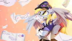 Size: 1920x1080 | Tagged: safe, artist:sketchiix3, derpibooru import, derpy hooves, pegasus, pony, :3, cap, clothes, female, hat, image, letter, mail, mailbox, mailmare, mailmare hat, mare, mouth hold, png, solo, spread wings, uniform, wings