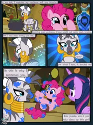 Size: 2048x2732 | Tagged: suggestive, artist:mommymidday, derpibooru import, pinkie pie, twilight sparkle, twilight sparkle (alicorn), zecora, alicorn, earth pony, pony, zebra, adult foal, bags under eyes, cauldron, comic, dialogue, diaper, drool, gasp, image, mental regression, messy, monologue, png, potion, rhyme, safety pin, shocked, show accurate, swirly eyes, talking, tongue out, zecora's hut