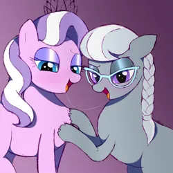 Size: 2139x2139 | Tagged: suggestive, artist:filly fantastique, derpibooru import, diamond tiara, silver spoon, pony, after kiss, drool, drool string, female, foalcon, glasses, image, lesbian, looking at you, open mouth, png, shipping, silvertiara, simple background, underage