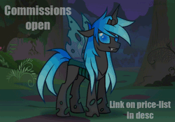 Size: 700x486 | Tagged: safe, artist:kichimina, derpibooru import, oc, unofficial characters only, changeling, pony, unicorn, advertisement, animated, black skin, blue eyes, blue hair, blue mane, changeling oc, changeling wings, colored, commission, commission info, commissions open, disguise, disguised changeling, fangs, flapping wings, forest, full body, gif, greeting, grin, hair, happy, hooves, horn, image, looking at you, loop, male, mane, night, one eye closed, perfect loop, plant, raised hoof, shapeshifting, show accurate, signature, smiling, solo, spread wings, stallion, tail, teeth, text, transformation, tree, unicorn oc, vector, waving, wings, wink, yellow mane