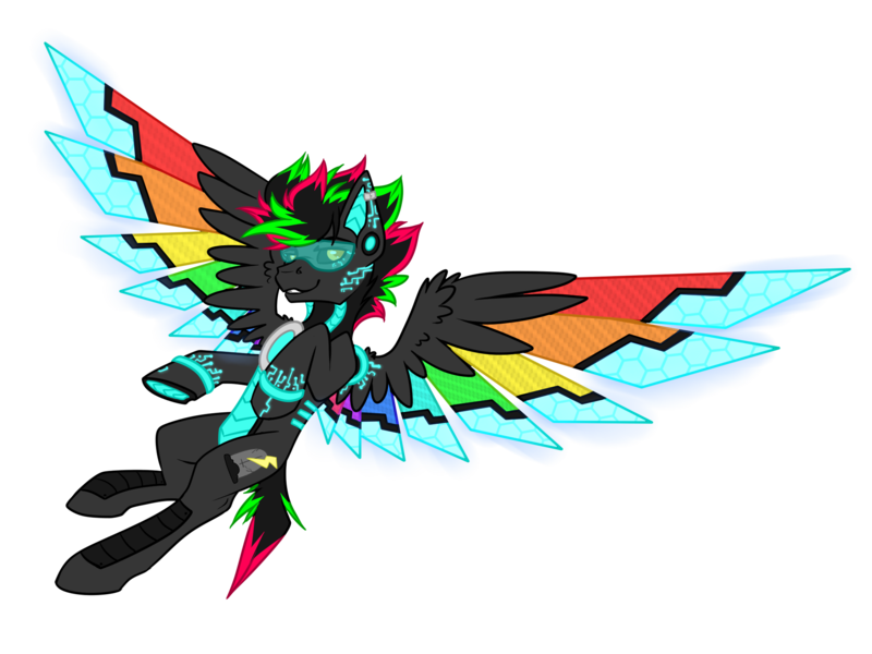 Size: 2000x1500 | Tagged: safe, artist:chvrchgrim, derpibooru import, oc, oc:krypt, unofficial characters only, pony, augmented, black sclera, colored wings, cyber legs, cybernetic wings, cyberpunk, design, image, leaning back, male, multicolored hair, multicolored wings, neon, no shading, png, redesign, solo, spread wings, stallion, visor, wings, wip