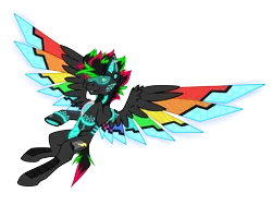 Size: 2000x1500 | Tagged: safe, artist:chvrchgrim, derpibooru import, oc, oc:krypt, unofficial characters only, pony, augmented, black sclera, colored wings, cyber legs, cybernetic wings, cyberpunk, design, image, leaning back, male, multicolored hair, multicolored wings, neon, no shading, png, redesign, solo, spread wings, stallion, visor, wings, wip