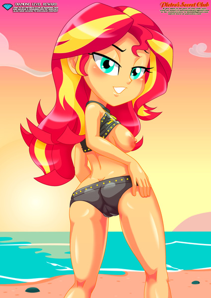 Size: 850x1201 | Tagged: questionable, artist:bbmbbf, sunset shimmer, equestria untamed, equestria girls, equestria girls series, ass, beach, breasts, bunset shimmer, butt, clothes, exposed breasts, image, jpeg, looking back, palcomix, stupid sexy sunset shimmer, swimsuit