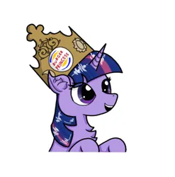 Size: 819x828 | Tagged: safe, artist:nismorose, derpibooru import, twilight sparkle, twilight sparkle (alicorn), alicorn, pony, 4chan, burger king, bust, chest fluff, crown, ear fluff, eye clipping through hair, eyelashes, female, horn, image, jewelry, jpeg, mare, meme, regalia, simple background, smiling, solo, solo female, twilight burgkle, white background