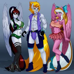 Size: 897x890 | Tagged: suggestive, derpibooru import, oc, oc:alabastor amril, oc:bay breeze, oc:cannon car, unofficial characters only, anthro, earth pony, pegasus, plantigrade anthro, agent alabastor amril, belly button, belly piercing, big breasts, boots, bow, breasts, cleavage, clothes, ear piercing, hair bow, harem, image, jewelry, jpeg, male, midriff, miniskirt, muscles, muscular male, necklace, pendant, piercing, shoes, skirt, socks, tattoo, wings, womb tattoo