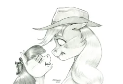 Size: 1473x1000 | Tagged: safe, artist:baron engel, derpibooru import, apple bloom, applejack, earth pony, pony, apple bloom's bow, apple sisters, applejack's hat, bow, cowboy hat, female, filly, foal, hair bow, hat, image, jpeg, mare, monochrome, pencil drawing, siblings, sisters, story included, traditional art