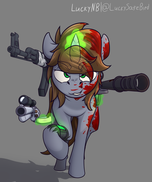 Size: 5000x6000 | Tagged: suggestive, artist:luckynb, derpibooru import, oc, oc:littlepip, unofficial characters only, pony, unicorn, fallout equestria, blood, fanfic art, female, gun, handgun, horn, image, little macintosh, pipbuck, pipleg, png, revolver, rifle, sniper rifle, solo, unicorn oc, weapon, zebra rifle