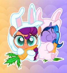 Size: 1159x1250 | Tagged: safe, artist:spellboundcanvas, derpibooru import, izzy moonbow, sunny starscout, earth pony, pony, unicorn, animal costume, bunny costume, carrot, chewing, clothes, costume, duo, duo female, eating, female, food, g5, image, jpeg, smol