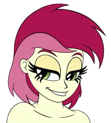 Size: 950x1050 | Tagged: safe, artist:roseluck, derpibooru import, roseluck, human, equestria girls, alternate hairstyle, bare shoulder portrait, bare shoulders, bedroom eyes, bust, colored sketch, cropped, derpibooru exclusive, female, image, looking at you, nudity, open mouth, open smile, png, portrait, short hair, simple background, smiling, smiling at you, solo, three quarter view, white background