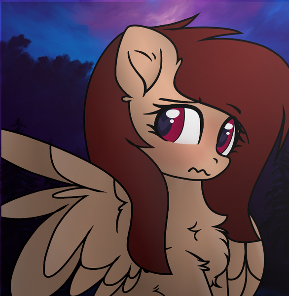 Size: 663x679 | Tagged: safe, artist:hiverro, derpibooru import, twilight sparkle, oc, unofficial characters only, pegasus, pony, embarrassed, heart, image, in love, looking at someone, my little pony, night, pegasus oc, photo, png, sad, solo, wings