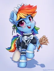 Size: 1375x1800 | Tagged: safe, artist:zeepheru_pone, derpibooru import, rainbow dash, pegasus, pony, blushing, bow, cheek fluff, clothes, cute, dashabetes, duster, ear fluff, eyebrows, eyebrows visible through hair, female, image, looking at you, maid, maid headdress, mare, png, rainbow dash always dresses in style, simple background, smiling, socks, solo, stockings, thigh highs, wing hold, wings