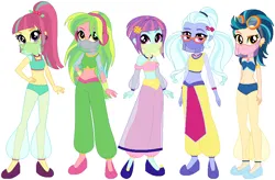 Size: 904x594 | Tagged: safe, artist:elsie1234, derpibooru import, indigo zap, lemon zest, sour sweet, sugarcoat, sunny flare, human, equestria girls, arabian, female, group, image, png, quintet, shadow five, simple background, veil, white background