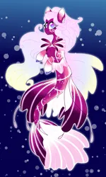 Size: 3717x6207 | Tagged: safe, artist:crazysketch101, derpibooru import, oc, unofficial characters only, merpony, pony, sea pony, seapony (g4), blue background, bubble, chest fluff, digital art, dorsal fin, female, fin wings, fins, fish tail, flowing mane, flowing tail, high res, image, looking at you, mare, ocean, png, purple eyes, simple background, smiling, smiling at you, solo, swimming, tail, underwater, water, wings