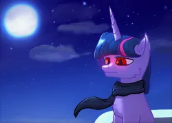 Size: 817x588 | Tagged: safe, artist:gosha305, derpibooru import, twilight sparkle, unicorn, ponies of dark water, bust, clothes, derpibooru exclusive, female, image, moon, night, night sky, png, portrait, red eyes, scarf, sky, solo, stars