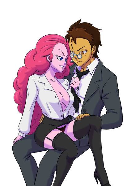Size: 1240x1754 | Tagged: questionable, artist:brother-tico, derpibooru import, pinkie pie, oc, oc:copper plume, equestria girls, breasts, busty pinkie pie, canon x oc, cleavage, clothes, copperpie, equestria girls-ified, female, glasses, image, jpeg, male, pants, shipping, skirt, solo, straight, suit