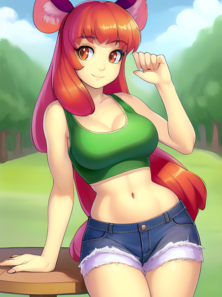 Size: 1020x1360 | Tagged: suggestive, derpibooru import, editor:sammykun, machine learning generated, novelai, stable diffusion, apple bloom, human, equestria girls, adorasexy, breasts, busty apple bloom, clothes, cute, denim, denim shorts, ear fluff, eared humanization, female, grass, humanized, image, looking at you, midriff, older, older apple bloom, png, prompter:sammykun, reasonably sized breasts, sexy, shorts, sleeveless, smiling, solo, solo female, table, tanktop, tree, wood