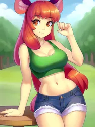 Size: 1020x1360 | Tagged: suggestive, derpibooru import, editor:sammykun, machine learning generated, novelai, stable diffusion, apple bloom, human, equestria girls, adorasexy, breasts, busty apple bloom, clothes, cute, denim, denim shorts, ear fluff, eared humanization, female, grass, humanized, image, looking at you, midriff, older, older apple bloom, png, reasonably sized breasts, sexy, shorts, sleeveless, smiling, solo, solo female, table, tanktop, tree, wood