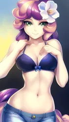 Size: 864x1536 | Tagged: suggestive, derpibooru import, editor:sammykun, machine learning generated, novelai, stable diffusion, sweetie belle, human, adorasexy, bra, breasts, busty sweetie belle, clothes, cute, denim, denim shorts, female, humanized, image, looking at you, midriff, older, png, reasonably sized breasts, sexy, shorts, smiling, solo, solo female, underwear