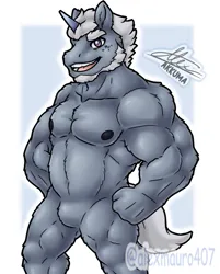 Size: 523x651 | Tagged: suggestive, artist:alexmauro407, derpibooru import, anthro, unicorn, alphabittle blossomforth, featureless crotch, g5, image, male, male nipples, musclegut, muscles, muscular male, nipples, nudity, outline, passepartout, png, solo, solo male, white outline